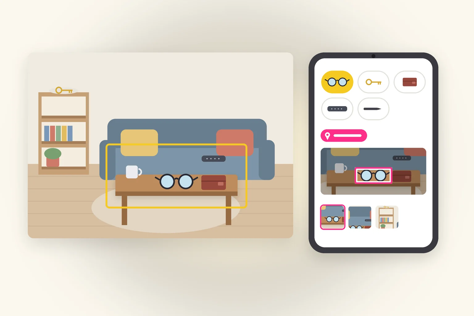 居間の机のあたりをスマートフォンで撮り、写真の中で机の上のメガネが枠で囲われているイラスト